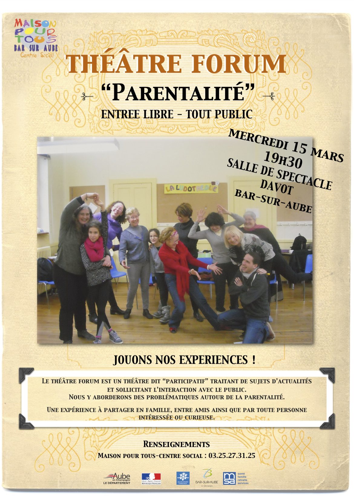 Représentation de Théâtre forum autour de la parentalité – Mercredi 15 Mars à 19h30 à l&rsquo;espace Davot