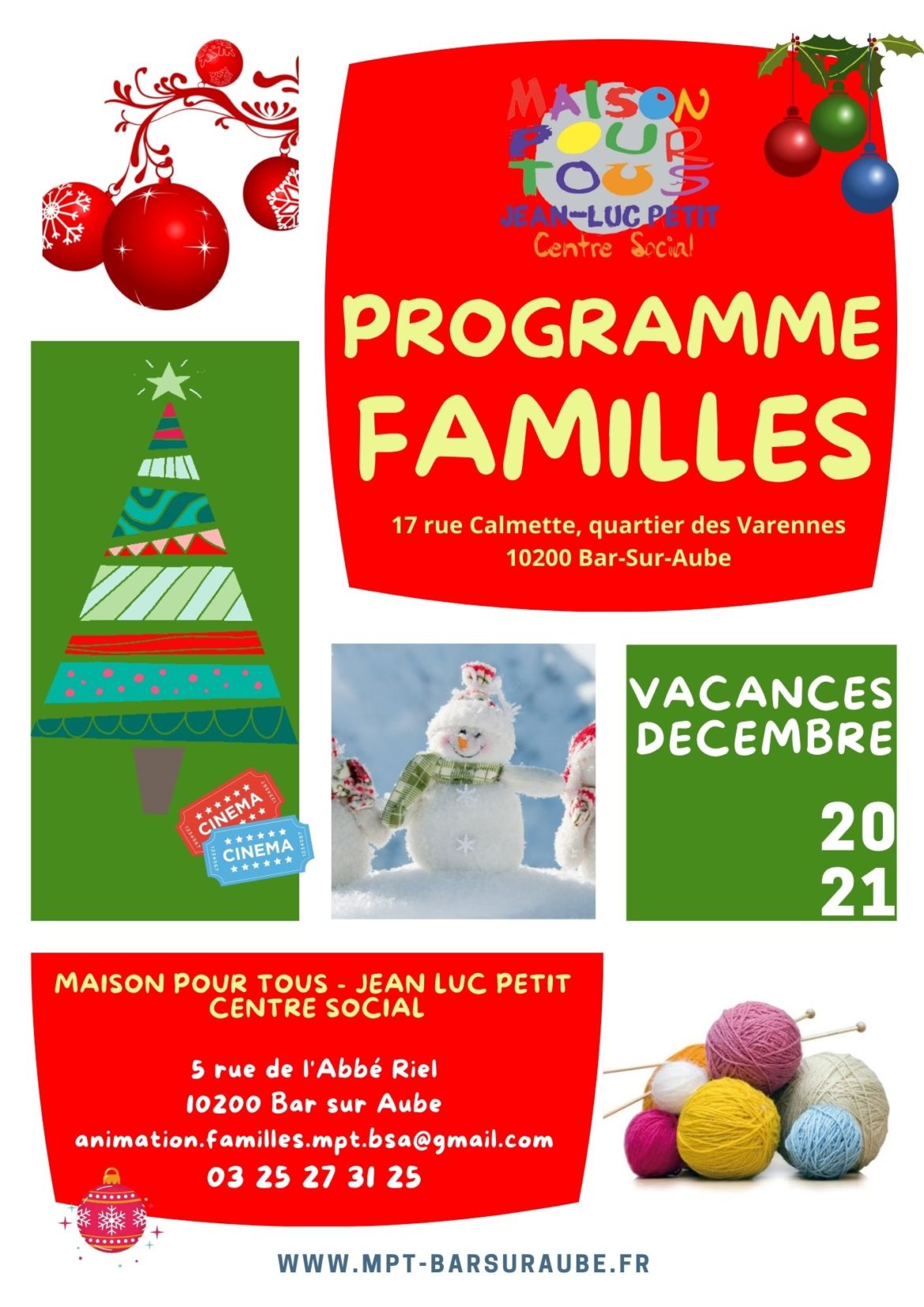 Programme des ateliers familles vacances décembre 2021